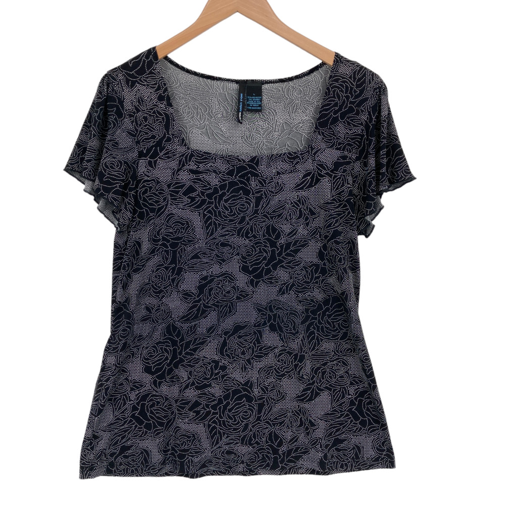Saint Tropez West Blouse Top Womens Large Black White Dotted Floral Short Sleeve